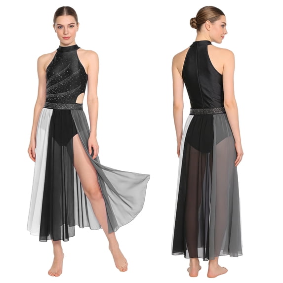 YiZYiF Women's Lyrical Dance Dress Color Block Flowy Tulle Maxi Skirt Leotard Contemporary Modern Dancewear Black XXL