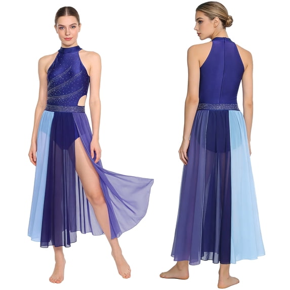 YiZYiF Women's Lyrical Dance Dress Color Block Flowy Tulle Maxi Skirt Leotard Contemporary Modern Dancewear Navy Blue XL