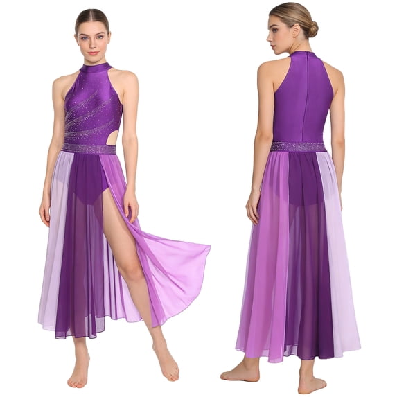 YiZYiF Women's Lyrical Dance Dress Color Block Flowy Tulle Maxi Skirt Leotard Contemporary Modern Dancewear Purple L