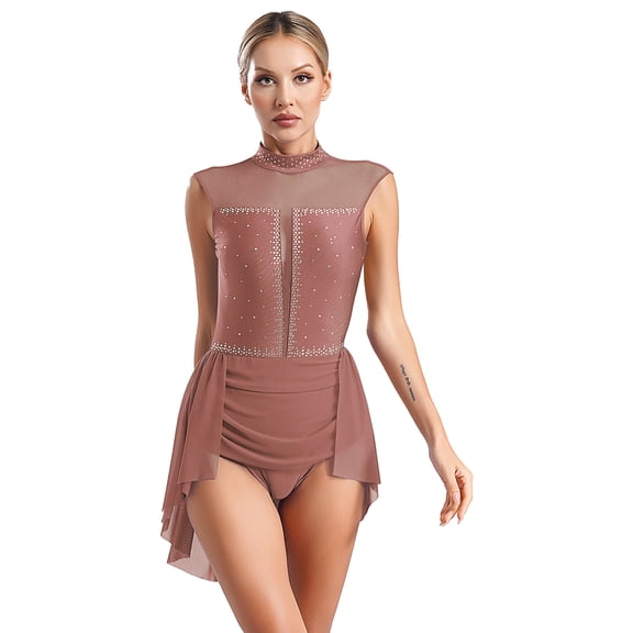 YiZYiF ​​​Women's Lyrical Dance Dress Flowy Tulle Skirt Leotard Rhinestone Figure Skating Costumes Dusty Pink S