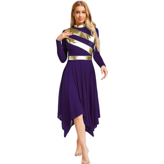 YiZYiF Women's Metallic Liturgical Praise Dance Dress Long Sleeve Asymmetrical Worship Tunic Dresses Purple XXL