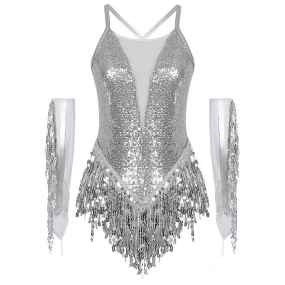 YiZYiF Women's Modern Dance Costumes Shiny Sequins Fringe Cha Cha Latin Dance Leotard with Gloves Silver XXL