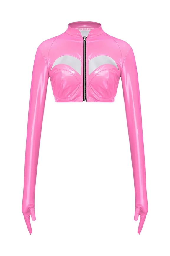 Women's PU Leather Long Sleeve Crop Top Front Zipper Short Blouse Bolero Shrug Clubwear Hot Pink S