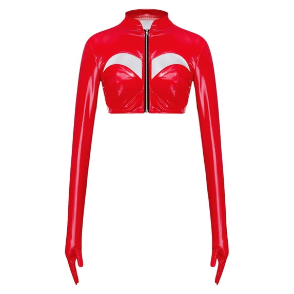 YiZYiF Women's PU Leather Long Sleeve Crop Top Front Zipper Short Blouse Bolero Shrug Clubwear Red XL