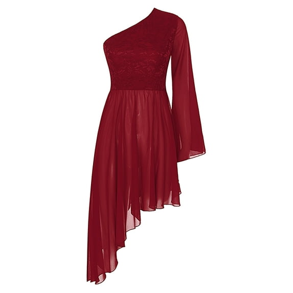YiZYiF Women's Praise Dance Dress One Shoulder Flared Sleeve High Low Hem Church Worship Overlay Tunics Burgundy L