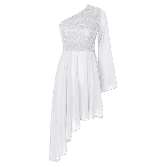 YiZYiF Women's Praise Dance Dress One Shoulder Flared Sleeve High Low Hem Church Worship Overlay Tunics Ivory XXL