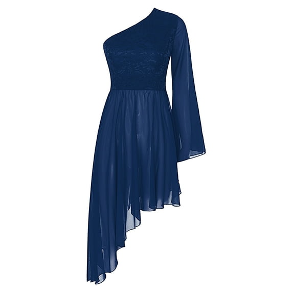 YiZYiF Women's Praise Dance Dress One Shoulder Flared Sleeve High Low Hem Church Worship Overlay Tunics Navy Blue L