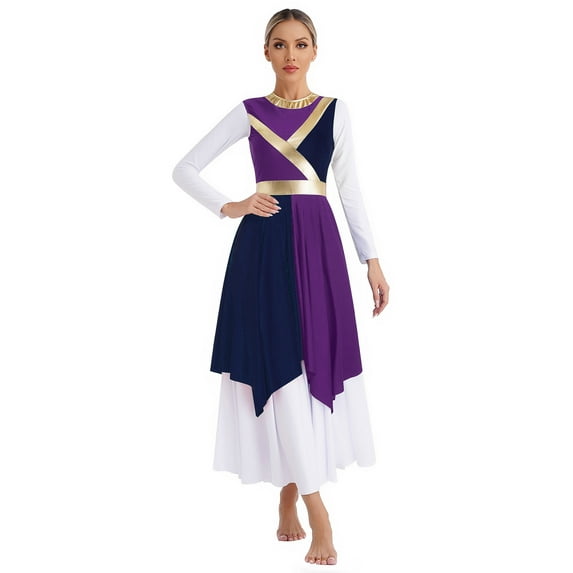 YiZYiF Women's Praise Dance Dress Sleeveless Asymmetrical Hem Metallic Color Block Liturgical Dancewear Purple&Navy Blue S