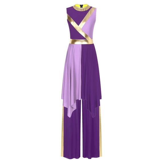 YiZYiF Women's Praise Dance Outfit Asymmetrical Metallic Dress with Pants Liturgical Worship Costume Purple&Light Purple L