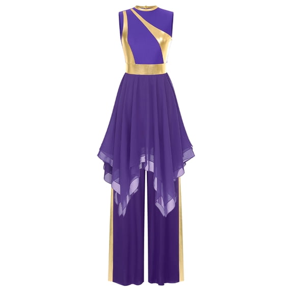 YiZYiF Women's Praise Dance Outfits Sleeveless Overlay Worship Dress with Wide Leg Pants Set Purple XL