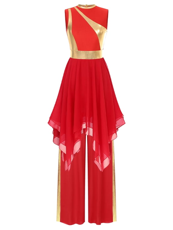 Women's Praise Dance Outfits Sleeveless Overlay Worship Dress with Wide Leg Pants Set Red M