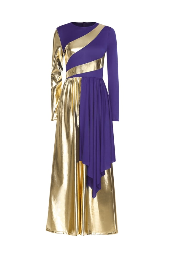 Women's Praise Liturgical Dance Costume Metallic Gold Worship Overlay Jumpsuit Loose Pants Purple S