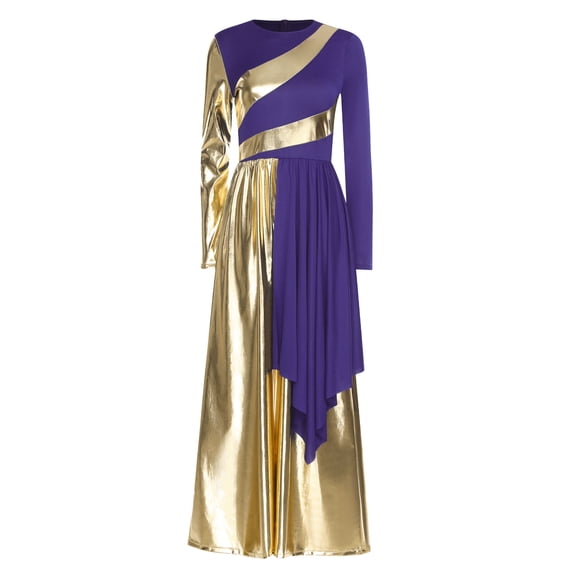 YiZYiF Women's Praise Liturgical Dance Costume Metallic Gold Worship Overlay Jumpsuit Loose Pants Purple S