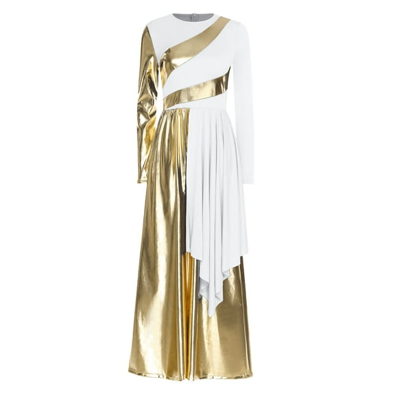 YiZYiF Women's Praise Liturgical Dance Costume Metallic Gold Worship Overlay Jumpsuit Loose Pants White M