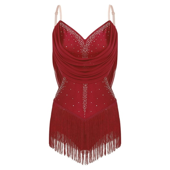 YiZYiF Women's Rhinestone Latin Dance Costume Ruched Mesh Tassel Samba Rumba Jazz Leotard Bodysuit Burgundy S