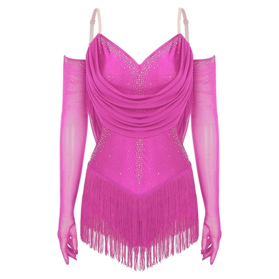 YiZYiF Women's Rhinestone Latin Dance Costume Ruched Mesh Tassel Samba Rumba Jazz Leotard Bodysuit Hot Pink-A S