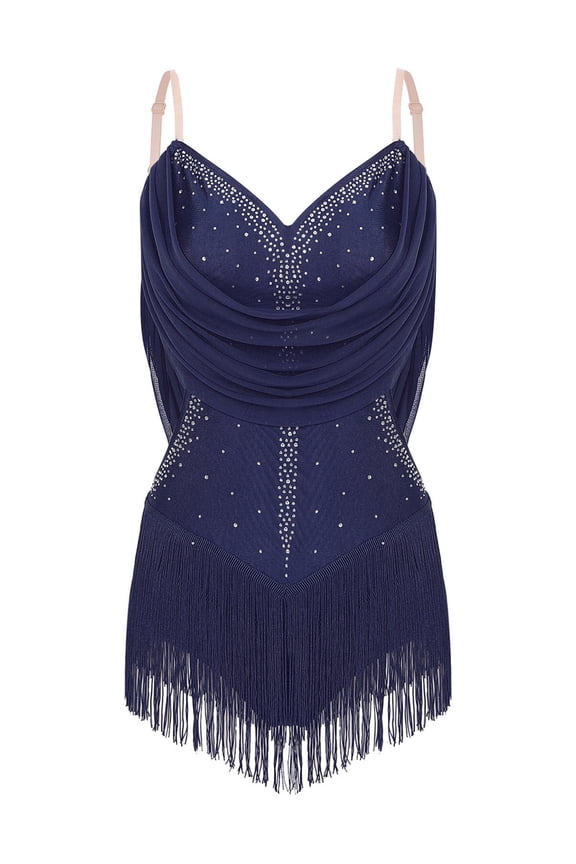 Women's Rhinestone Latin Dance Costume Ruched Mesh Tassel Samba Rumba Jazz Leotard Bodysuit Navy Blue-B M