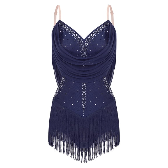 YiZYiF Women's Rhinestone Latin Dance Costume Ruched Mesh Tassel Samba Rumba Jazz Leotard Bodysuit Navy Blue-B XS