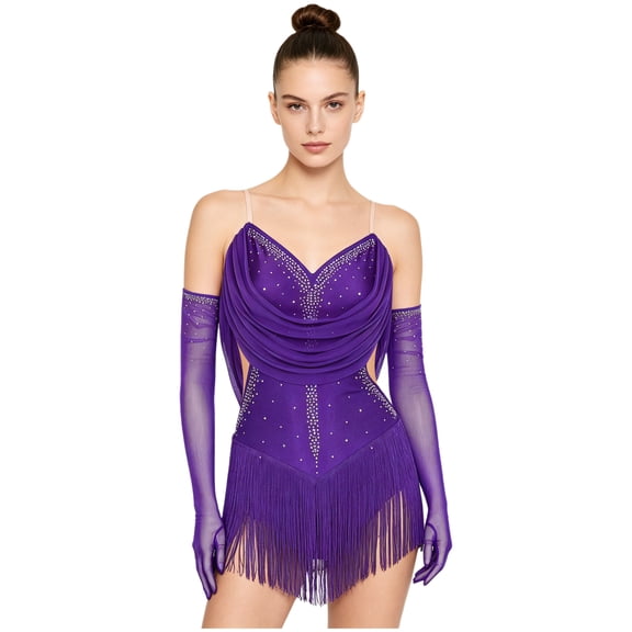 YiZYiF Women's Rhinestone Latin Dance Costume Ruched Mesh Tassel Samba Rumba Jazz Leotard Bodysuit Purple-C L