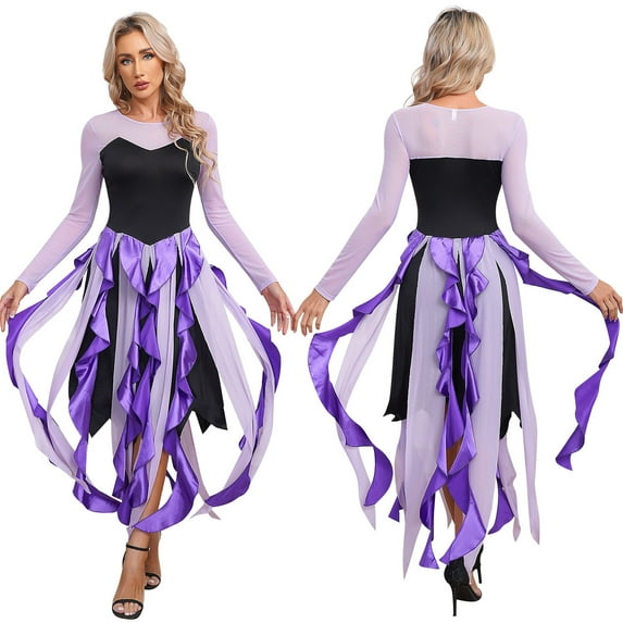 YiZYiF Women's Sea Witch Mermaid Costume Halloween Purple Cosplay Tentacle Skirt Octopus Dress Purple L