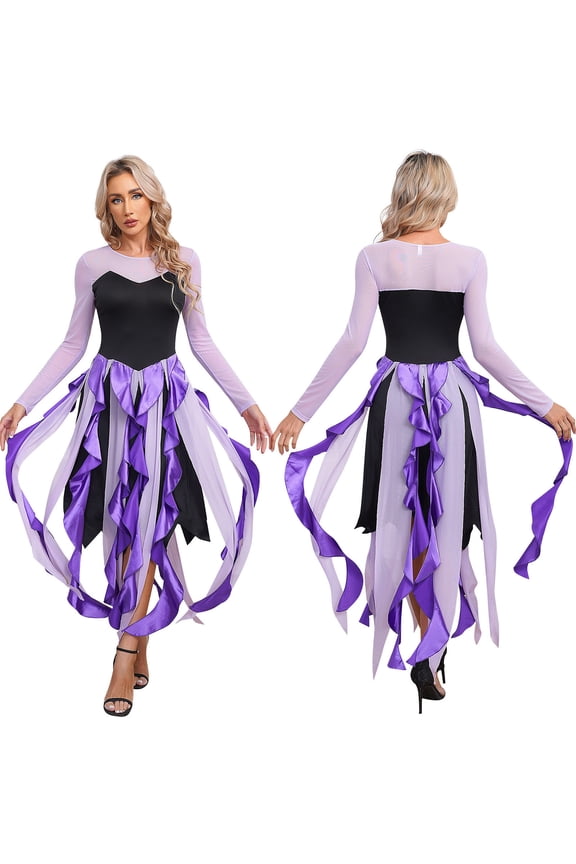 Women's Sea Witch Mermaid Costume Halloween Purple Cosplay Tentacle Skirt Octopus Dress Purple M