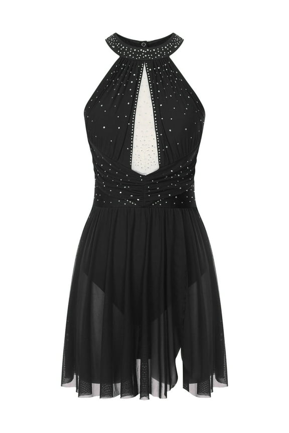 Women's Shiny Rhinestone Lyrical Dance Dress Halter Leotard Flowy Skirts Ice Skating Dresses Black XL
