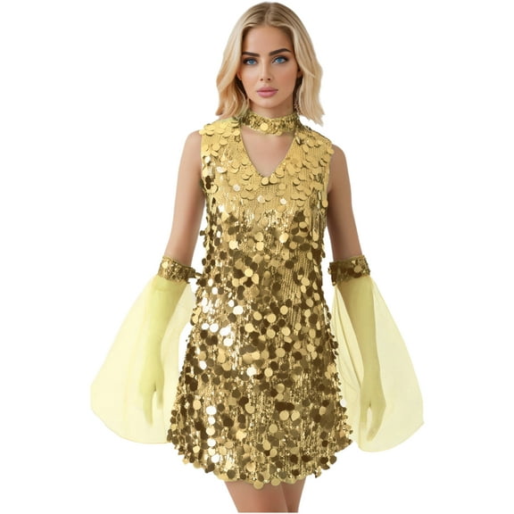 YiZYiF Women's Shiny Sequin Disco Dance Dress Sleeveless Mini Dress with Oversleeve Hippie Costume Gold XXL