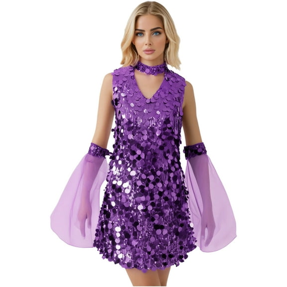YiZYiF Women's Shiny Sequin Disco Dance Dress Sleeveless Mini Dress with Oversleeve Hippie Costume Purple S