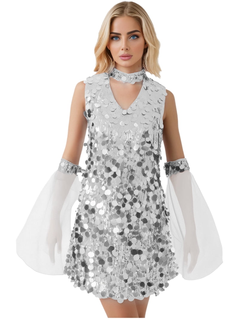 YiZYiF Women's Shiny Sequin Disco Dance Dress Sleeveless Mini Dress with  Oversleeve Hippie Costume Silver S - Walmart.com