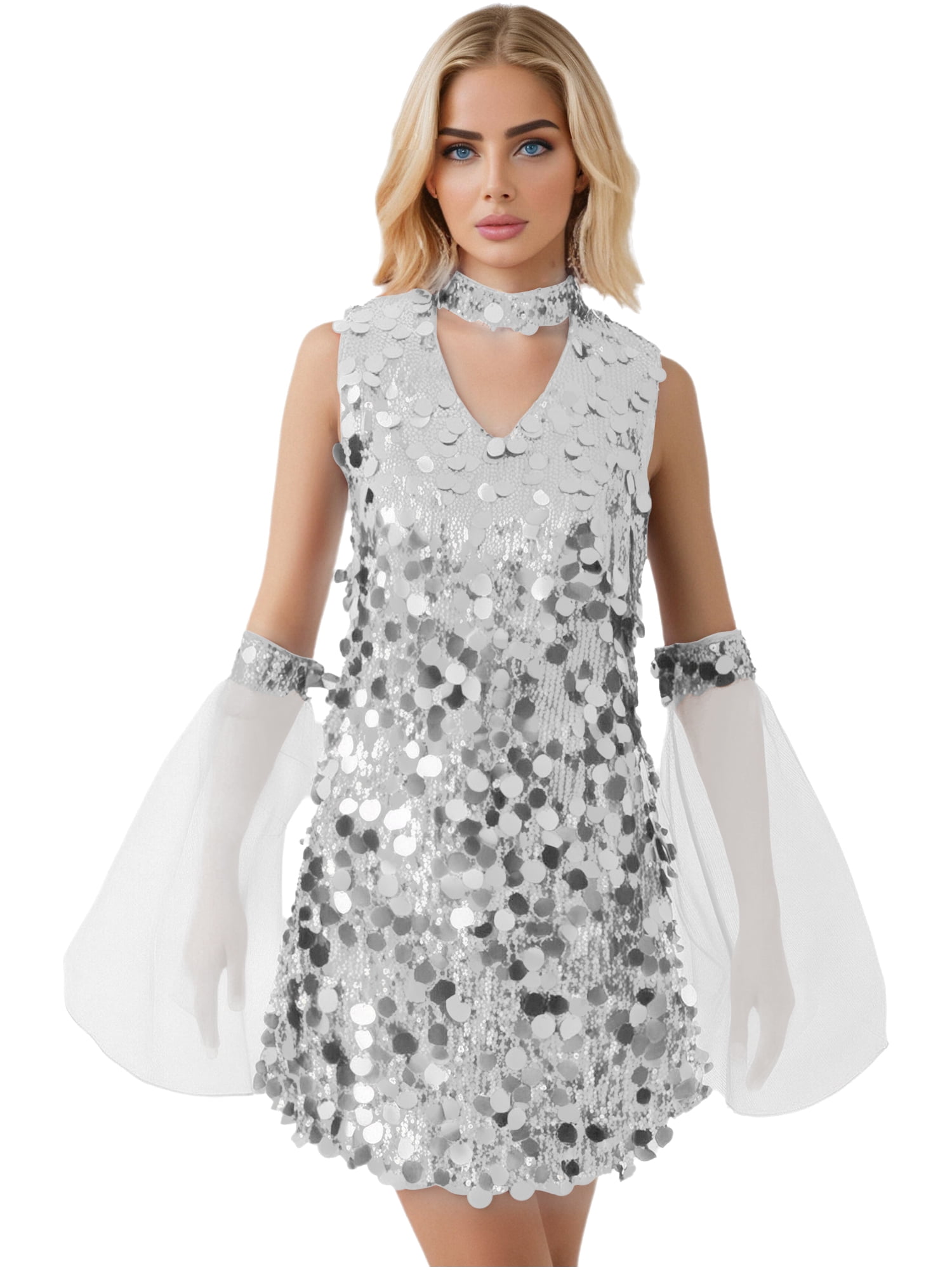 YiZYiF Women's Shiny Sequin Disco Dance Dress Sleeveless