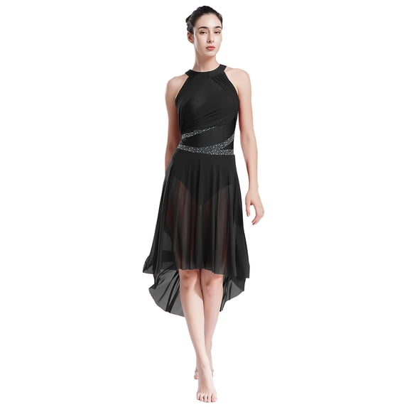 YiZYiF Women's Sleeveless Rhinestone Lyrical Dance Dress Modern Contemporary Dancing Clothes Black M