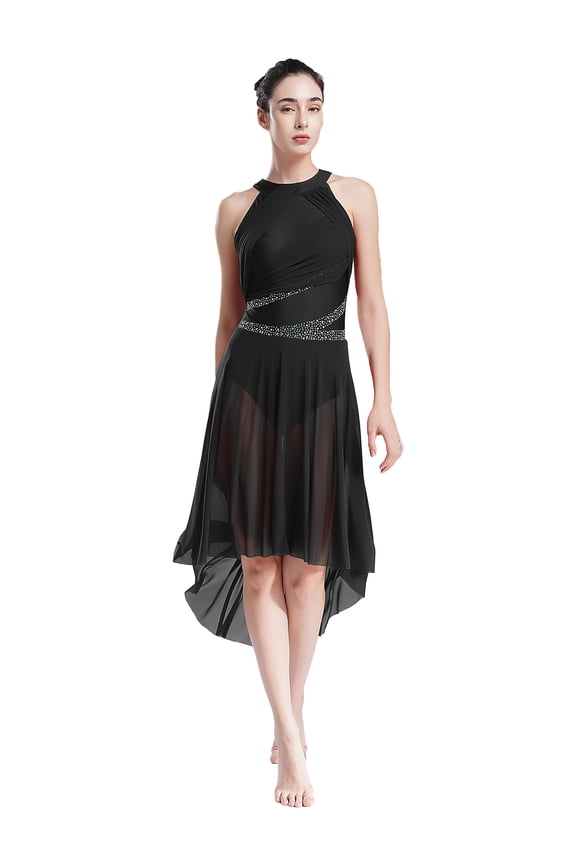 Women's Sleeveless Rhinestone Lyrical Dance Dress Modern Contemporary Dancing Clothes Black S