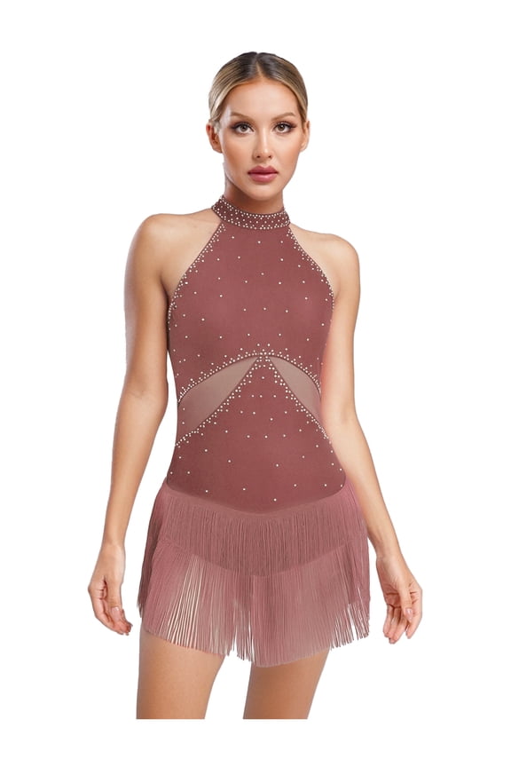 Women's Sparkle Latin Dance Dress Tassel Bodysuit Samba Cha-Cha Stage Shows Dancewear Dusty Pink L