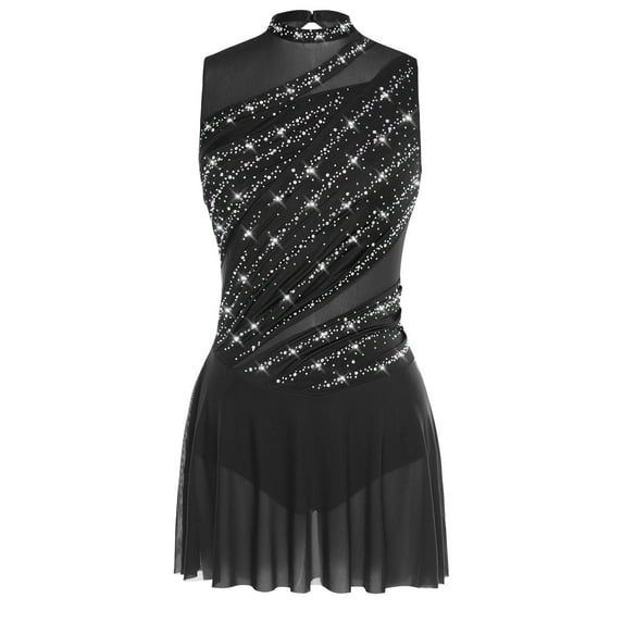 YiZYiF Women's Sparkly Rhinestone Figure Skating Dress Sleeveless Ballet Skirt Lyrical Dance Leotard Black XXL