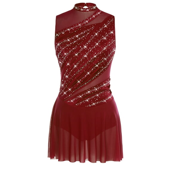 YiZYiF Women's Sparkly Rhinestone Figure Skating Dress Sleeveless Ballet Skirt Lyrical Dance Leotard Burgundy XXL