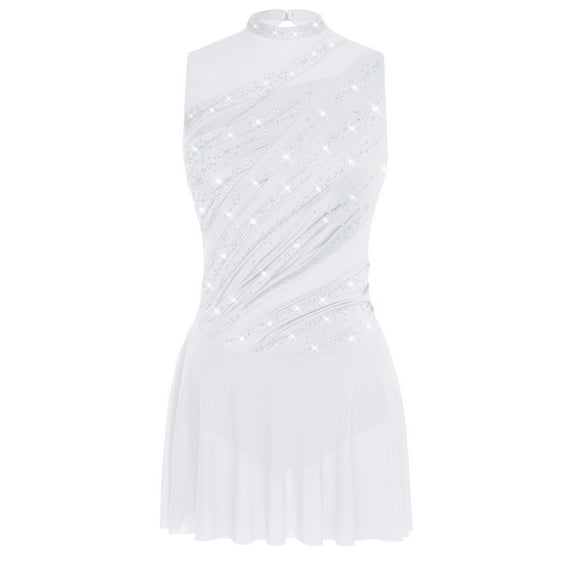 YiZYiF Women's Sparkly Rhinestone Figure Skating Dress Sleeveless Ballet Skirt Lyrical Dance Leotard White M