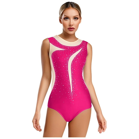 YiZYiF Women's Sparkly Rhinestone Gymnastics Bodysuit Sleeveless Figure Skating Ballet Dance Leotard Hot Pink M