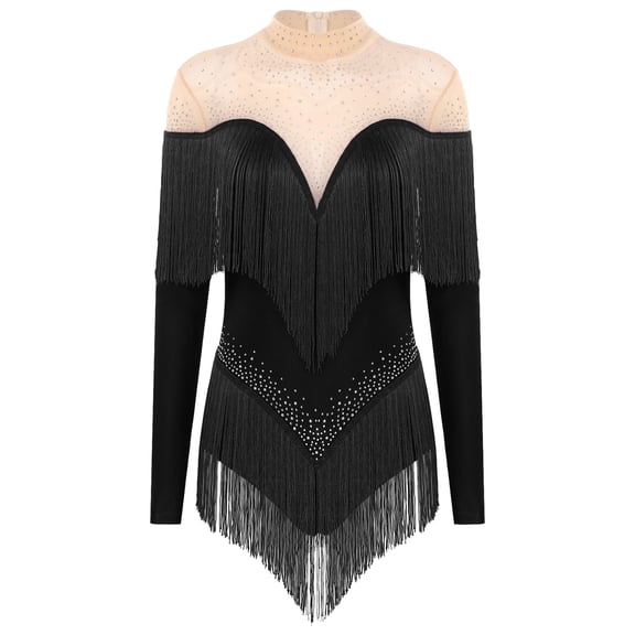 YiZYiF Women's Tassel Latin Leotard Costumes Rhinestones Shiny Jazz Cha-Cha Tango Samba Dance Dress Black XL