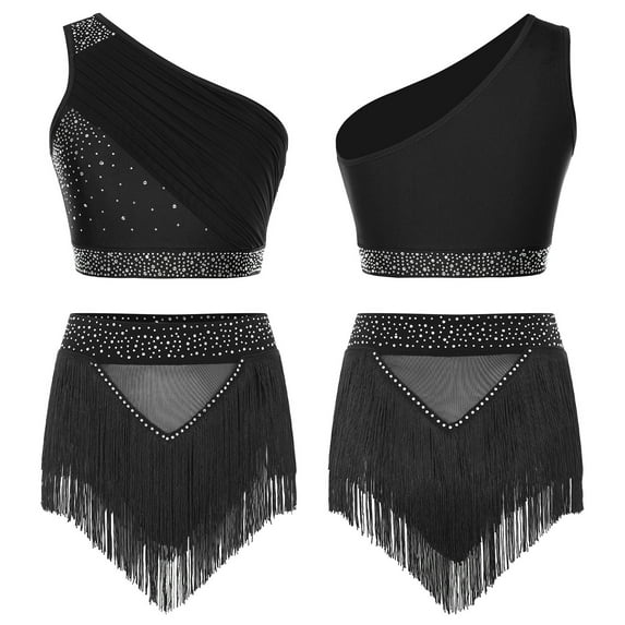 YiZYiF Womens 2-Piece Dance Outfit Set Shiny Crop Tank Top and Tassel Shorts for Latin Cha-cha Shows Black M