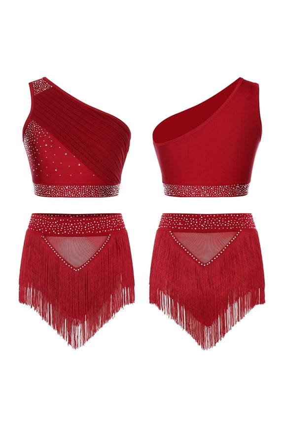 Womens 2-Piece Dance Outfit Set Shiny Crop Tank Top and Tassel Shorts for Latin Cha-cha Shows Burgundy XL