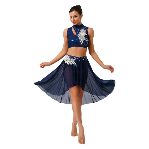 YiZYiF Womens 2-Piece Dance Outfits for Figure Skating Lyrical Dance Crop Top and Mesh Briefs Skirt Navy Blue S