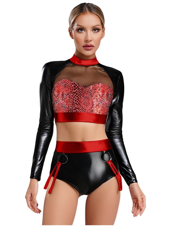 Womens 2 Piece Metallic Shiny Rave Outfits Long Sleeve Crop Top with Booty Shorts Clubwear Red M
