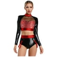 thumbnail image 1 of YiZYiF Womens 2 Piece Metallic Shiny Rave Outfits Long Sleeve Crop Top with Booty Shorts Clubwear Red XL, 1 of 6