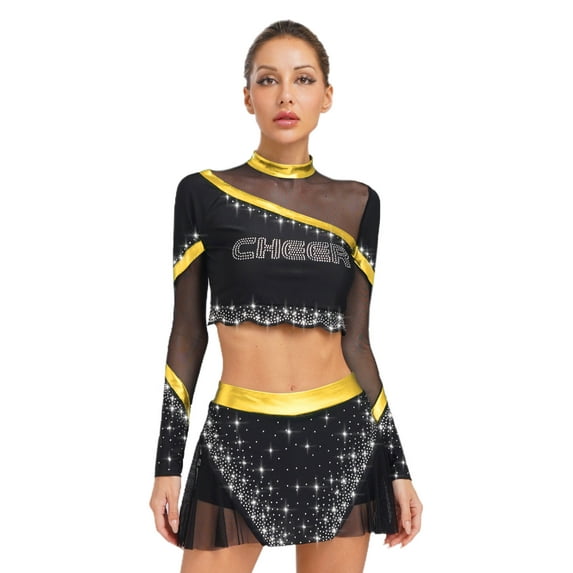 YiZYiF Womens 2-Piece Rhinestone Cheerleading Outfits Long Sleeve Crop Tops with Mini Skirt Set Gold XL
