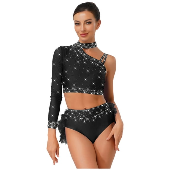 YiZYiF Womens 2Pcs Sparkle Latin Cha Cha Tango Belly Dance Suit One Shoulder Crop Top+Feather Briefs Black XL