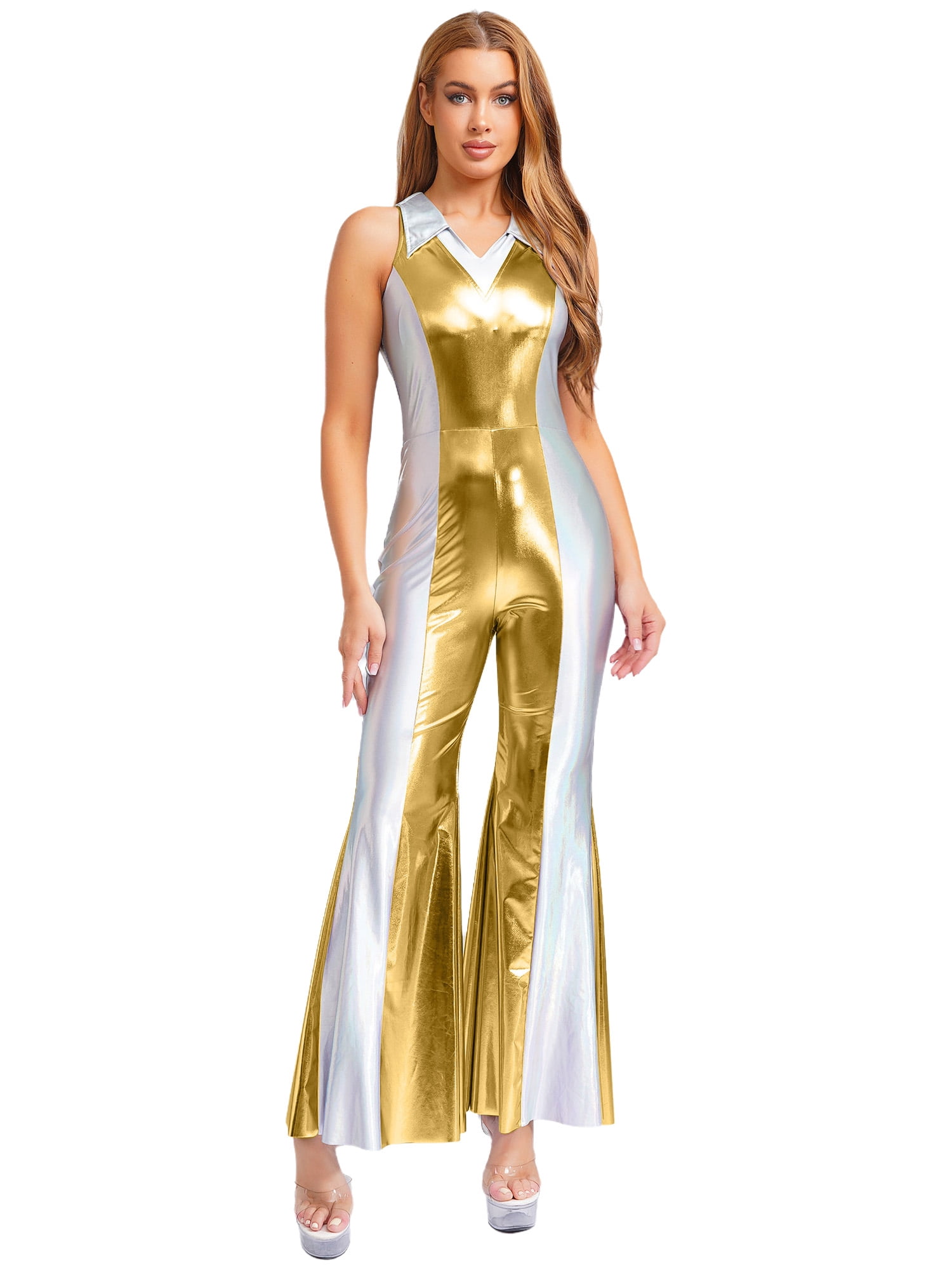 YiZYiF Womens 70s 80s Disco Costume Shiny Metallic Flared Pants Jumpsuit  for Dance Party Halloween Gold M - Walmart.com