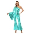 thumbnail image 1 of YiZYiF Womens 70s Disco Outfits One Shoulder Shiny Metallic Bell Bottom Dance Jumpsuit Clubwear Blue Green S, 1 of 3