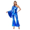 thumbnail image 1 of YiZYiF Womens 70s Disco Outfits One Shoulder Shiny Metallic Bell Bottom Dance Jumpsuit Clubwear Royal Blue XL, 1 of 6