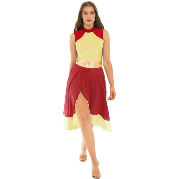 YiZYiF Womens Asymmetrical Praise Dance Dress Tunic Color Block Liturgical Worship Dance Costume Red&Yellow L