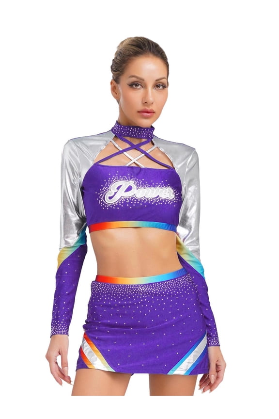 Womens Cheer Leader Costume 2Pcs School Girls Cheerleading Uniform Skirt with Crop Tops Set Purple M